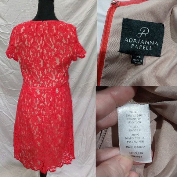 ️👗Red Lace Adrianna Papell Knee Length Dress Sz 14P Flutter Sleeves Fairycore - Picture 3 of 7